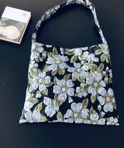 Simple Blue Embroideried Floral Paitings Cotton Satchel Handbag