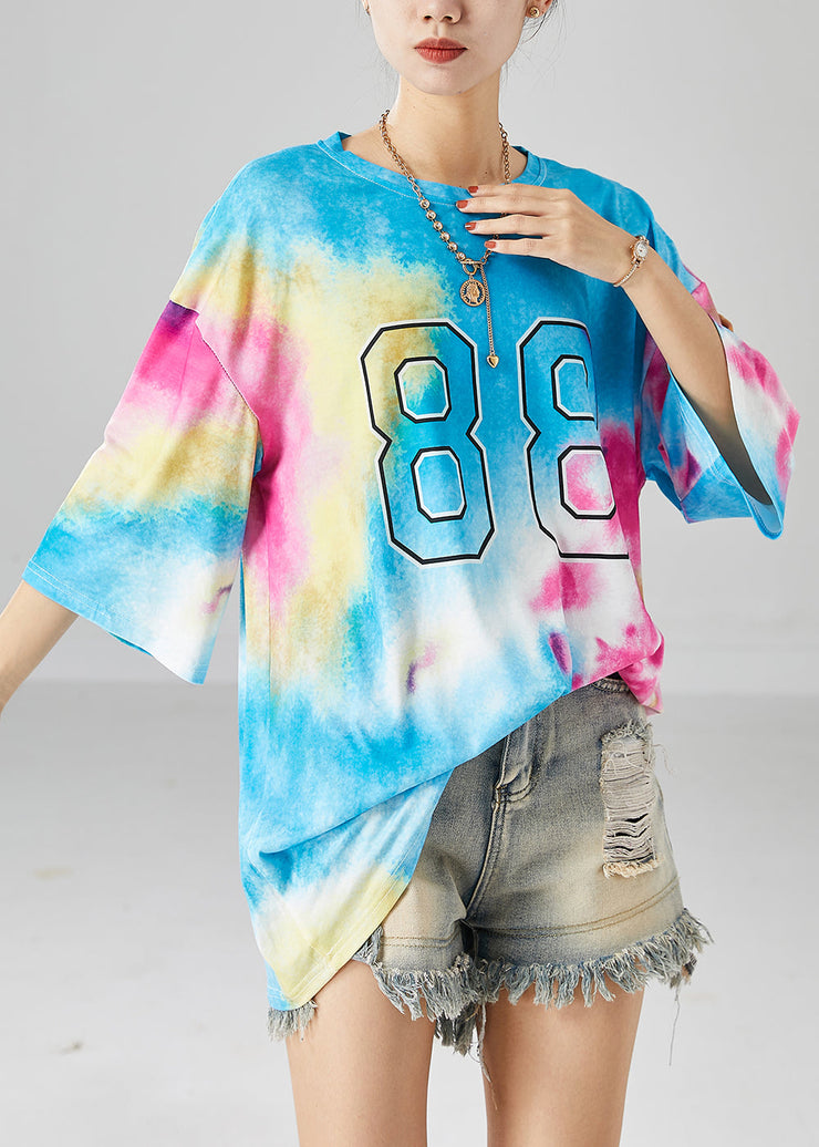 Simple Blue Oversized Tie Dye Cotton Tops Summer