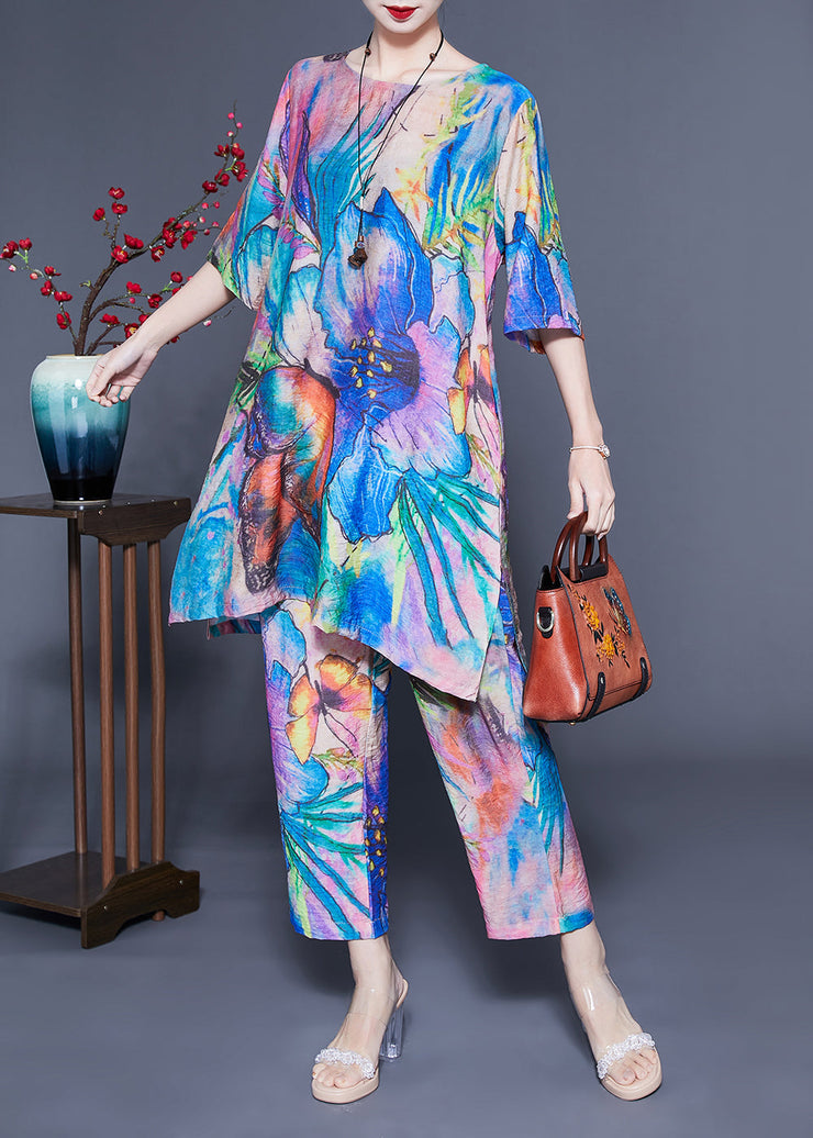 Simple Blue Oversized Tie Dye Side Open Linen Two Pieces Set Summer