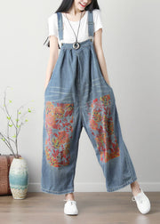 Simple Blue Patchwork Print Wide Leg Carpenter Pants Spring