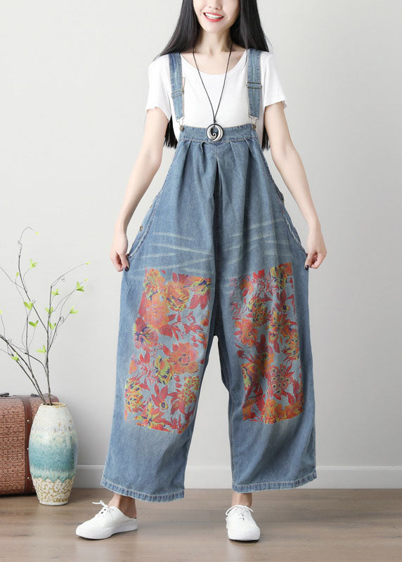 Simple Blue Patchwork Print Wide Leg Carpenter Pants Spring