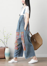 Simple Blue Patchwork Print Wide Leg Carpenter Pants Spring