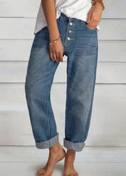 Simple Blue Pockets Button Patchwork High Waist Denim Pants Summer