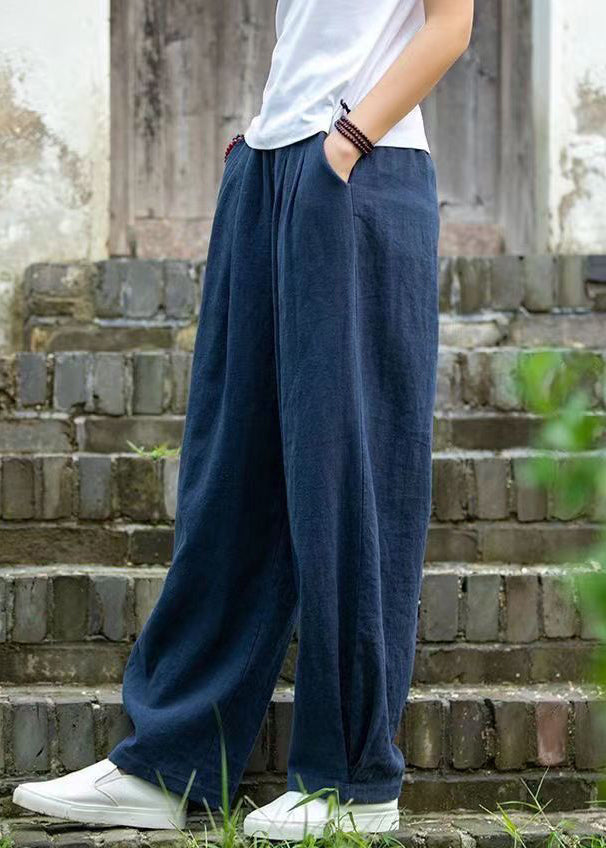 Simple Blue Pockets Solid Linen Pants Summer