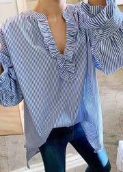 Simple Blue Ruffled Striped Oversized Cotton Shirt Spring