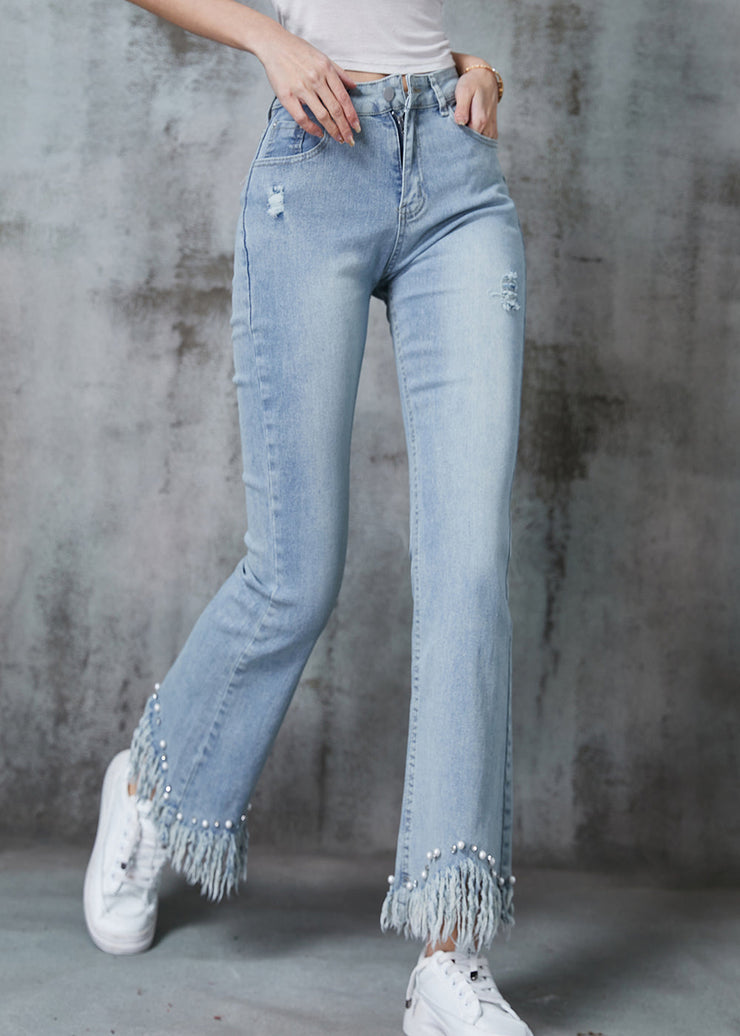 Simple Blue Tasseled Nail Bead Denim Ripped Pants Summer