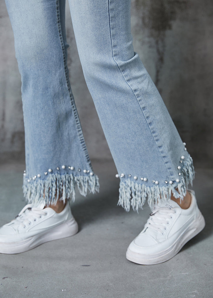 Simple Blue Tasseled Nail Bead Denim Ripped Pants Summer