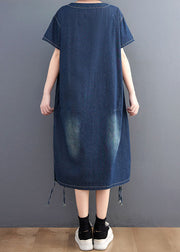 Simple Blue V Neck Patchwork Side Open Denim Dress Summer