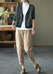 Simple Blue V Neck Print Knit Loose Cardigans Spring