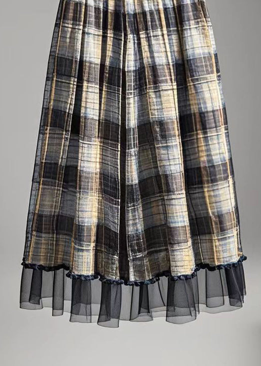 Simple Brown Plaid Patchwork Tulle Skirt Summer