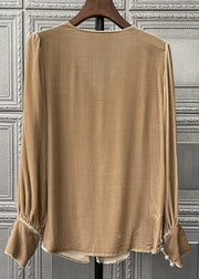 Simple Brown V Neck Pearl Patchwork Silk Velour Top Long Sleeve