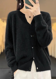 Simple Camel Solid V Neck Button Cashmere Cardigan Long Sleeve