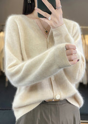 Simple Camel Solid V Neck Button Cashmere Cardigan Long Sleeve