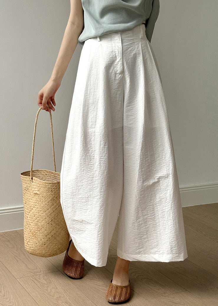 Simple Casual White Pockets Elastic Waist Cotton Wide Leg Pants Fall