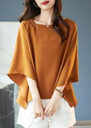 Simple Coffee O-Neck Asymmetrical Chiffon T Shirts Summer