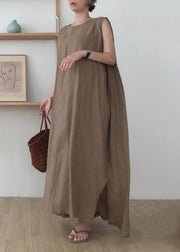 Simple Coffee O Neck Patchwork Cotton Maxi Dress Sleeveless