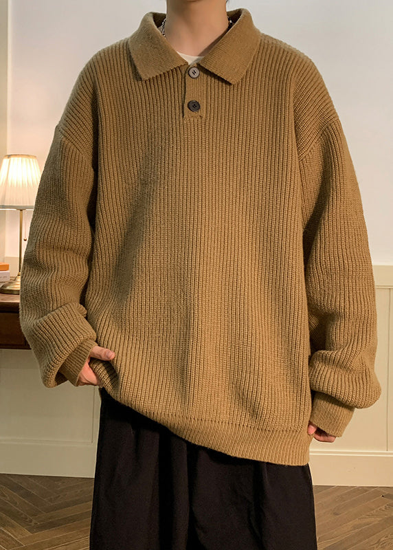 Simple Coffee Peter Pan Collar Button Solid Knit Men Sweaters Fall