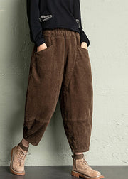 Simple Coffee Pockets Elastic Waist Corduroy Crop Pants Spring