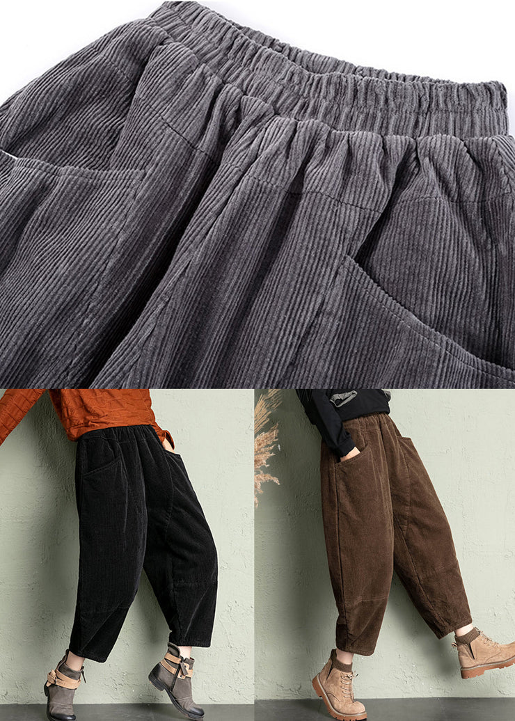 Simple Coffee Pockets Elastic Waist Corduroy Crop Pants Spring