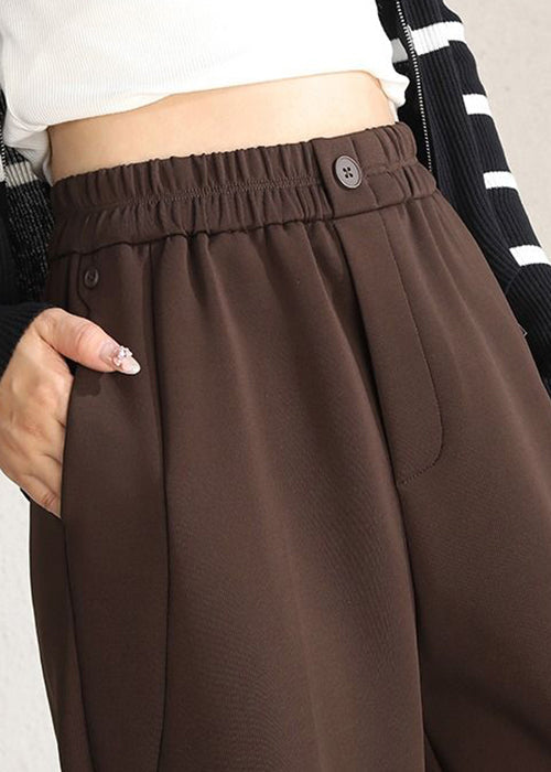 Simple Coffee Solid Pockets High Waist Cotton Crop Pants Spring