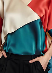 Simple Colorblock V Neck Patchwork Silk Tops Summer