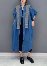 Simple Dark Blue Pockets Button Patchwork Denim Long Coats Summer