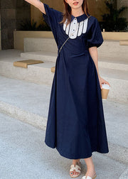 Simple Dark Blue Print Cinched Button Long Dresses Summer