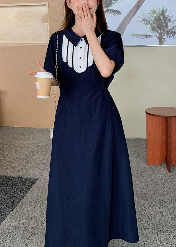 Simple Dark Blue Print Cinched Button Long Dresses Summer