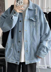 Simple Denim Blue Hole Pockets Solid Men Coat Fall