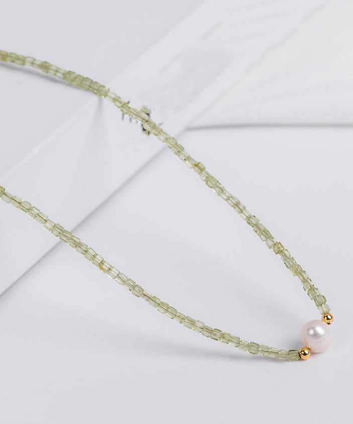 Simple Green 14K Gold Pearl Gem Stone Graduated Bead Necklace