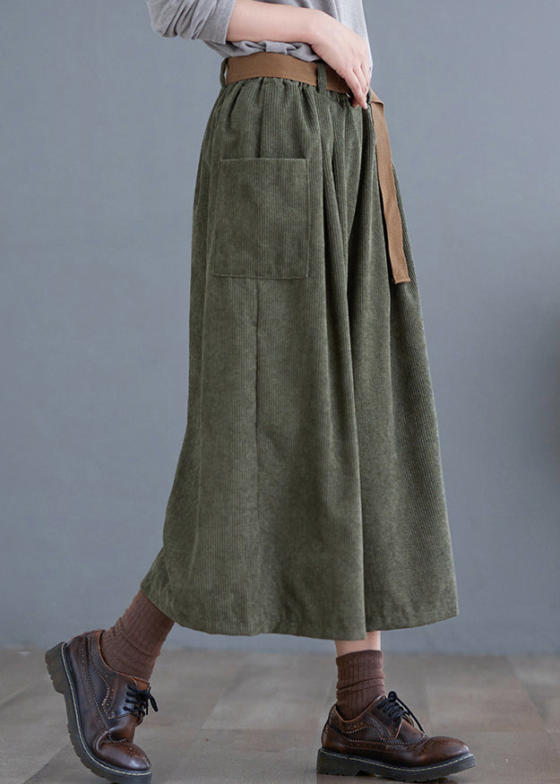 Simple Green Elastic Waist Pockets Corduroy Pants Fall