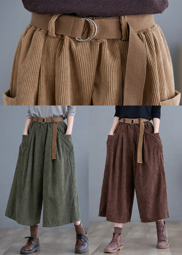 Simple Green Elastic Waist Pockets Corduroy Pants Fall