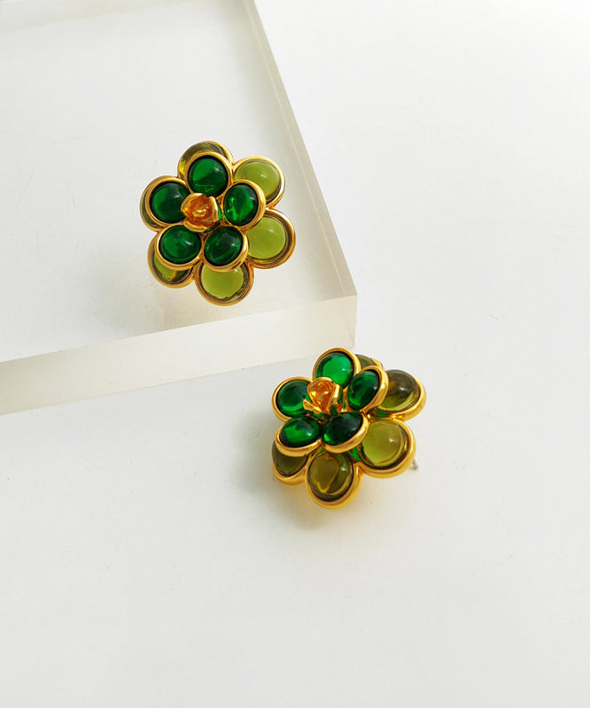 Simple Green Floral Copper Glod Plated Stud Earrings