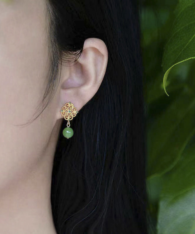 Simple Green Floral Hetian Jade Stud Earrings