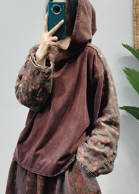 Simple Green Hooded Print Linen Sweatshirts Tracksuits Long Sleeve