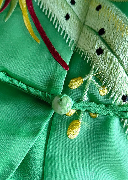 Simple Green O Neck Embroideried Silk Blouses Top Summer