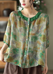 Simple Black O Neck Patchwork Print Linen Shirt Tops Half Sleeve