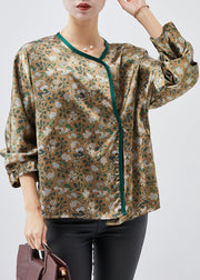 Simple Green Oversized Print Draping Silk Shirts Spring