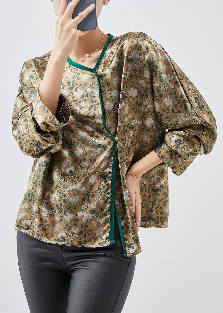 Simple Green Oversized Print Draping Silk Shirts Spring