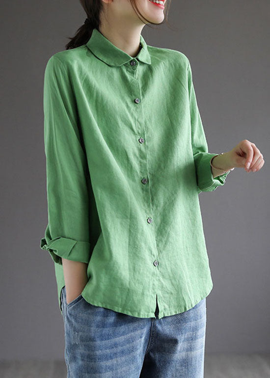 Simple Green Peter Pan Collar Button Patchwork Cotton Blouse Tops Spring