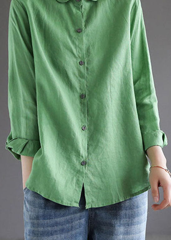 Simple Green Peter Pan Collar Button Patchwork Cotton Blouse Tops Spring