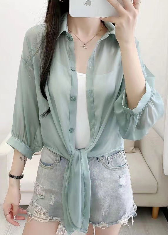 Simple Green Peter Pan Collar Cotton Shirt Cardigans Summer