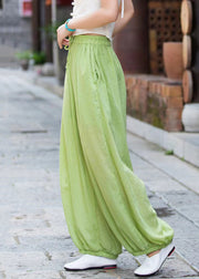 Simple Green Pockets Elastic Waist Linen Beam Pants Summer