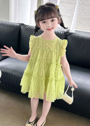 Simple Green Ruffled Patchwork Kids Long Dress Sleeveless