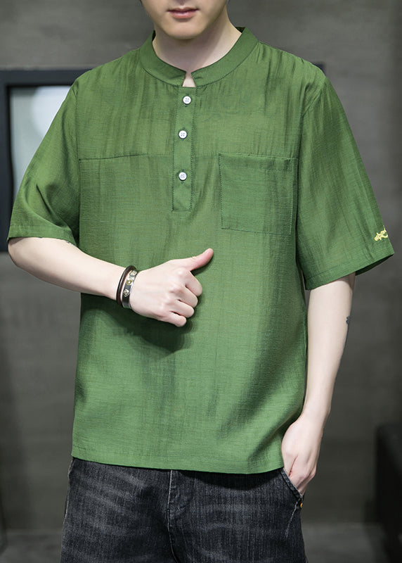 Simple Green Stand Collar Button Linen T Shirts Men Summer