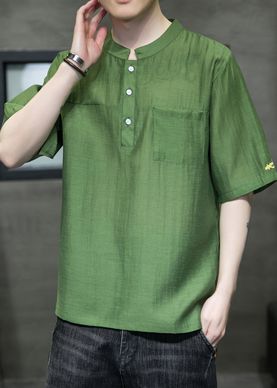 Simple Green Stand Collar Button Linen T Shirts Men Summer