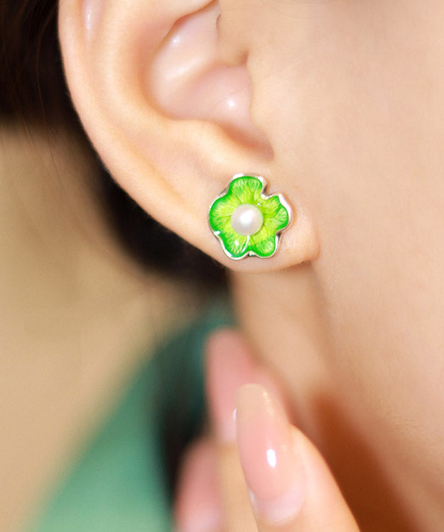 Simple Green Sterling Silver Pearl Lotus Stud Earrings