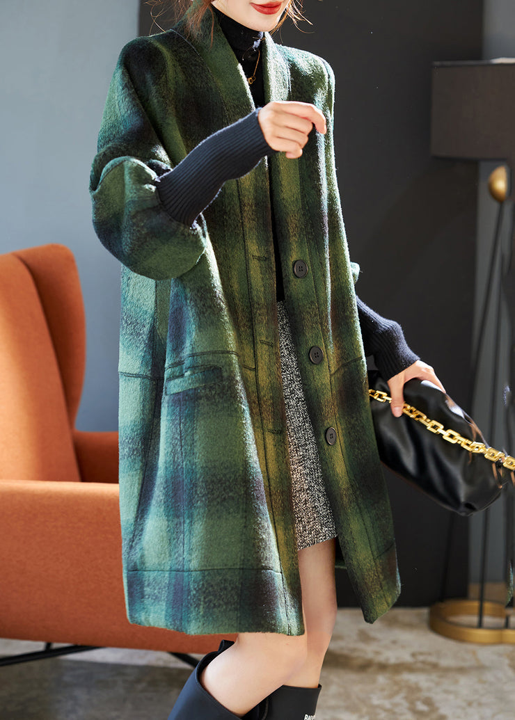 Simple Green V Neck Plaid Thick Woolen Coats Winter