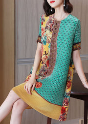 Simple Green Yellow O-Neck Wrinkled Print Silk Holiday Dress Short Sleeve