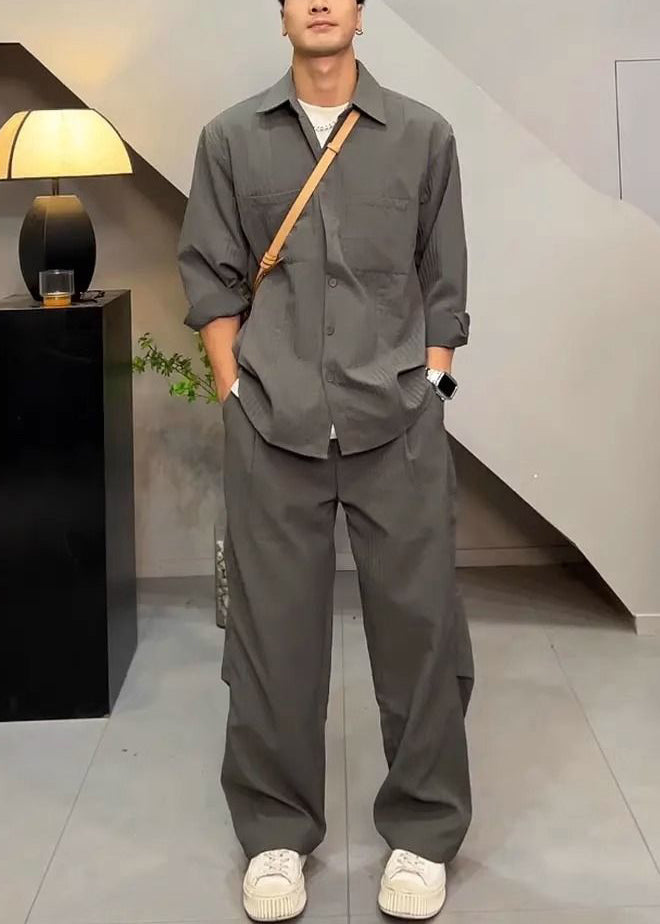 Simple Grey Button Shirts And Pants Cotton Mens Two Piece Set Fall